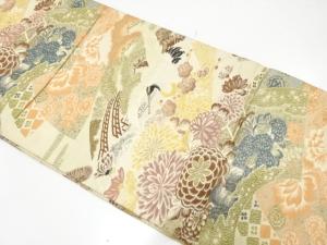 アンティーク　鶴に地紙・草花模様織り出し丸帯（着用可）